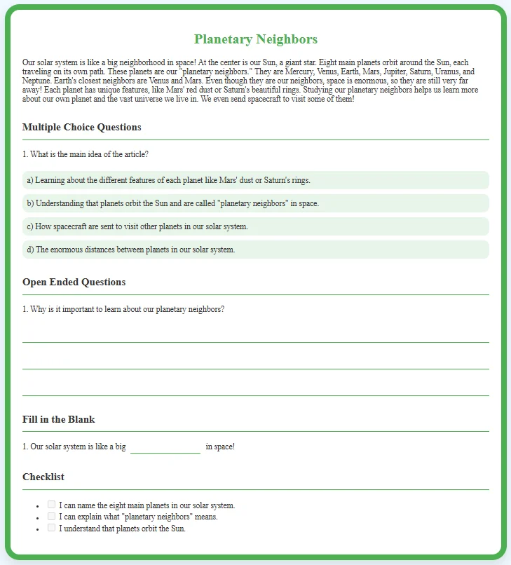 Example of a solar system worksheet created with our AI generator